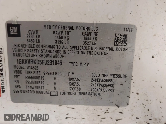 2015 GMC Acadia SLT with VIN 1GKKVRKD5FJ231045, listed as a IAAI auction lot 41301311 with 170,691 mi miles. Bid and sale history available at carsss.com. Image 9.
