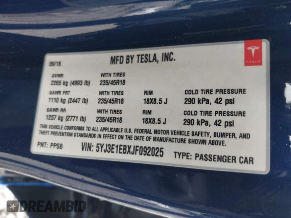 2018 Tesla Model 3 Long Range Battery z VIN 5YJ3E1EBXJF092025, wystawiony jako IAAI lot #42268369 z przebiegiem 132 687 mil mil oraz . Historia ofert i sprzedaży dostępna na DreamBid. Obrazek 9.