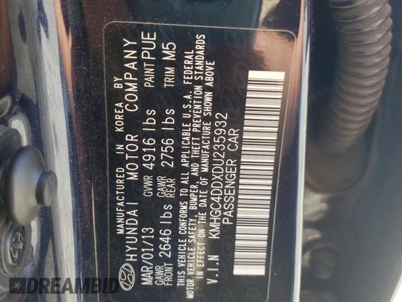 2013 Hyundai Genesis 3.8L with VIN KMHGC4DDXDU235932, listed as a Copart auction lot 57728705 with 140,778 mi miles and Salvage title. Bid and sale history available at DreamBid. Image 14.