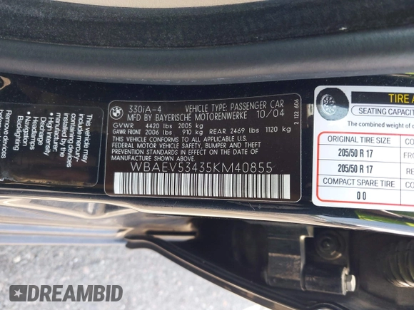 2005 BMW 3 Series 330i с VIN WBAEV53435KM40855, выставлен на аукционе IAAI как лот 42344505 с пробегом 120 060 миль миль и . История ставок и продаж доступна на DreamBid. Изображение 9.