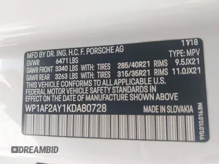 2019 Porsche Cayenne Turbo z VIN WP1AF2AY1KDA80728, wystawiony jako IAAI lot #42262855 z przebiegiem 89 898 mil mil oraz . Historia ofert i sprzedaży dostępna na DreamBid. Obrazek 9.