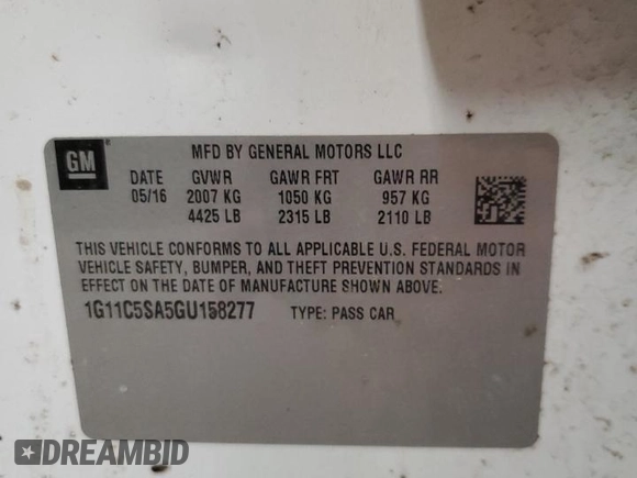 2016 Chevrolet Malibu LT with VIN 1G11C5SA5GU158277, listed as a Copart auction lot 51414875 with Not Provided miles and Salvage Title. Bid and sale history available at DreamBid. Image 14.