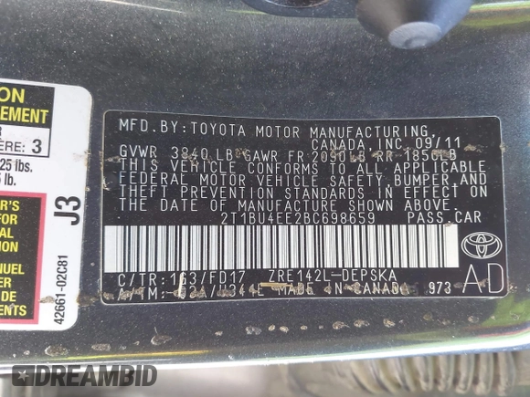 2011 Toyota Corolla L with VIN 2T1BU4EE2BC698659, listed as a IAAI auction lot 41883363 with 191,298 mi miles. Bid and sale history available at carsss.com. Image 9.