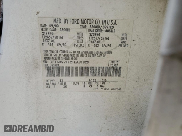 2001 Ford F-250 XL with VIN 1FTNW21F21EA81820, listed as a Copart auction lot 57677805 with Not provided miles and Salvage title. Bid and sale history available at DreamBid. Image 13.