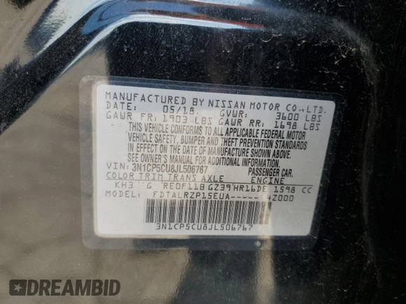 2018 Nissan Kicks SV с VIN 3N1CP5CU8JL506767, выставлен на аукционе Copart как лот 55772935 с пробегом 49 231 миль миль и Списание • Salvage title. История ставок и продаж доступна на DreamBid. Изображение 13.
