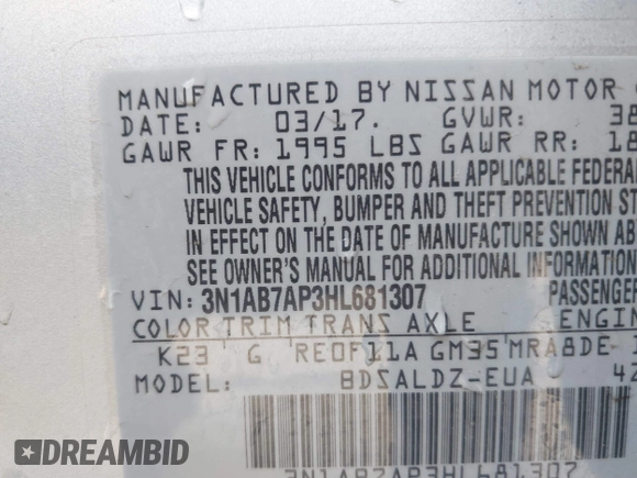 2017 Nissan Sentra SV with VIN 3N1AB7AP3HL681307, listed as a IAAI auction lot 42065783 with 126,777 mi miles and . Bid and sale history available at DreamBid. Image 9.