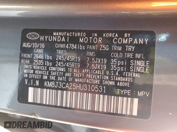 2017 Hyundai Tucson Sport with VIN KM8J3CA25HU310531, listed as a Copart auction lot 51484795 with 102,607 mi miles and Salvage Title. Bid and sale history available at DreamBid. Image 13.