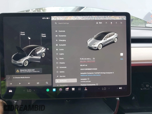 2019 Tesla Model 3 Long Range with VIN 5YJ3E1EB6KF413320, listed as a IAAI auction lot 41760428 with 90,441 mi miles and . Bid and sale history available at DreamBid. Image 7.