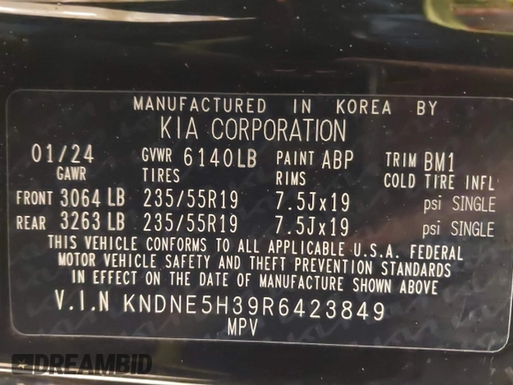 2024 Kia Carnival SX Prestige with VIN KNDNE5H39R6423849, listed as a IAAI auction lot 41586526 with 17,545 mi miles and . Bid and sale history available at DreamBid. Image 9.