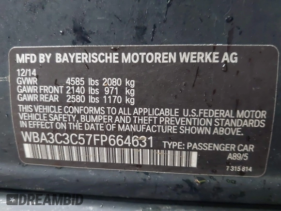 2015 BMW 3 Series 320i xDrive with VIN WBA3C3C57FP664631, listed as a IAAI auction lot 41117730 with 102,555 mi miles and . Bid and sale history available at DreamBid. Image 9.