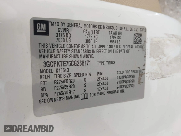 2012 Chevrolet Silverado 1500 LTZ with VIN 3GCPKTE75CG268171, listed as a IAAI auction lot 42127367 with 251,957 mi miles and . Bid and sale history available at DreamBid. Image 9.