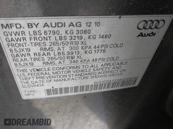 2011 Audi Q7 3.0T Premium with VIN WA1CGAFE9BD006466, listed as a IAAI auction lot 42075916 with 135,153 mi miles. Bid and sale history available at carsss.com. Image 9.