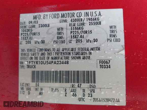 2004 Ford Ranger XL with VIN 1FTYR10U54PA23448, listed as a IAAI auction lot 41965530 with 230,128 mi miles and . Bid and sale history available at carsss.com. Image 9.