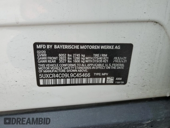 2020 BMW X5 sDrive40i with VIN 5UXCR4C09L9C45466, listed as a Copart auction lot 38564833 with 0 mi miles. Bid and sale history available at carsss.com. Image 15.