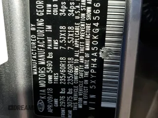 2019 Kia Sorento EX Sport V6 with VIN 5XYPH4A50KG456666, listed as a Copart auction lot 46849815 with 0 mi miles and Salvage Title. Bid and sale history available at carsss.com. Image 15.