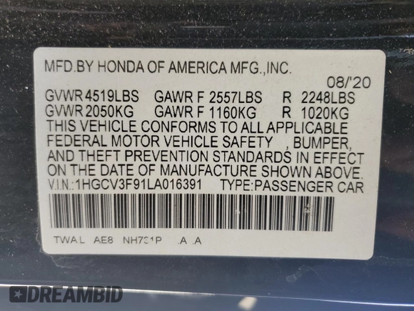2020 Honda Accord Touring z VIN 1HGCV3F91LA016391, wystawiony jako Copart lot #48147825 z przebiegiem 94 241 mil mil oraz Szkoda całkowita • Salvage title. Historia ofert i sprzedaży dostępna na DreamBid. Obrazek 12.