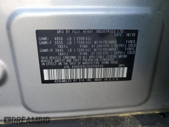 2016 Subaru Outback Limited with VIN 4S4BSENC3G3246936, listed as a Copart auction lot 52123095 with Not provided miles and Salvage title. Bid and sale history available at DreamBid. Image 13.