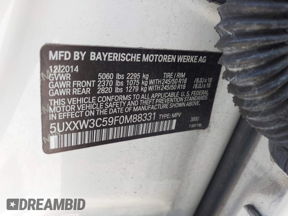 2015 BMW X4 xDrive28i with VIN 5UXXW3C59F0M88331, listed as a IAAI auction lot 42093953 with 138,205 mi miles and . Bid and sale history available at DreamBid. Image 9.