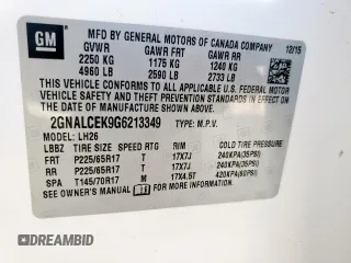 2016 Chevrolet Equinox LT z VIN 2GNALCEK9G6213349, wystawiony jako Copart lot #57287505 z przebiegiem 62 902 mil mil oraz Szkoda całkowita • Salvage title. Historia ofert i sprzedaży dostępna na DreamBid. Obrazek 13.