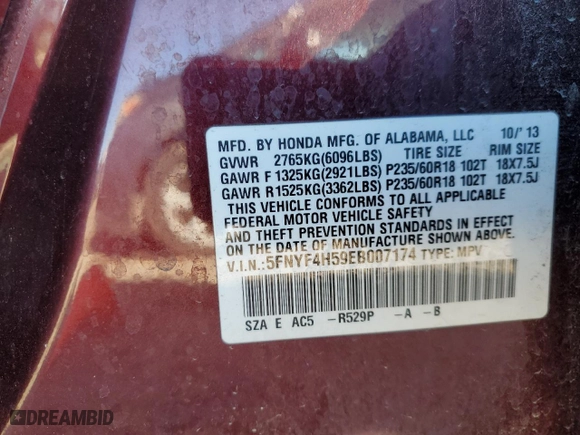 2014 Honda Pilot EX-L with VIN 5FNYF4H59EB007174, listed as a Copart auction lot 44615515 with 0 mi miles and Salvage Title. Bid and sale history available at carsss.com. Image 13.