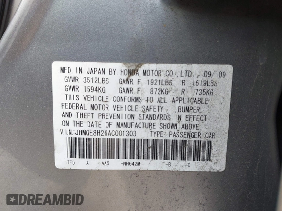 2010 Honda Fit with VIN JHMGE8H26AC001303, listed as a IAAI auction lot 42040111 with 129,949 mi miles. Bid and sale history available at carsss.com. Image 9.