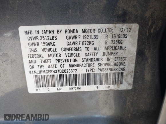 2013 Honda Fit with VIN JHMGE8H37DC023372, listed as a IAAI auction lot 40006280 with 117,791 mi miles. Bid and sale history available at carsss.com. Image 9.
