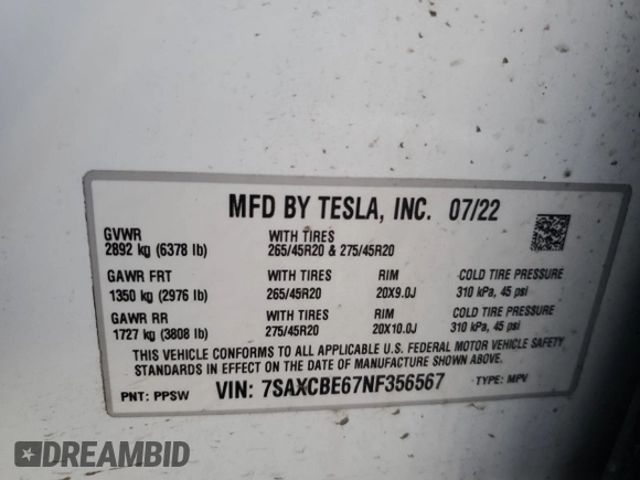 2022 Tesla Model X Plaid with VIN 7SAXCBE67NF356567, listed as a Copart auction lot 43243895 with 24,381 mi miles and Salvage Title. Bid and sale history available at DreamBid. Image 13.