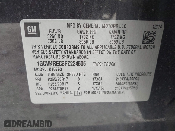 2015 Chevrolet Silverado 1500 LT with VIN 1GCVKREC5FZ224506, listed as a IAAI auction lot 41780803 with 104,960 mi miles and . Bid and sale history available at DreamBid. Image 9.