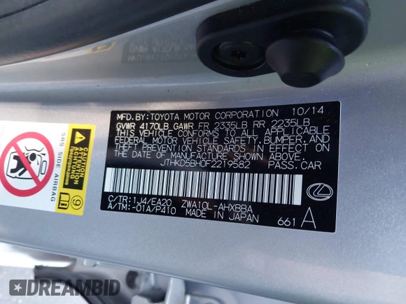 2015 Lexus CT 200h z VIN JTHKD5BH0F2219582, wystawiony jako IAAI lot #41762067 z przebiegiem Nie podano mil oraz . Historia ofert i sprzedaży dostępna na DreamBid. Obrazek 9.