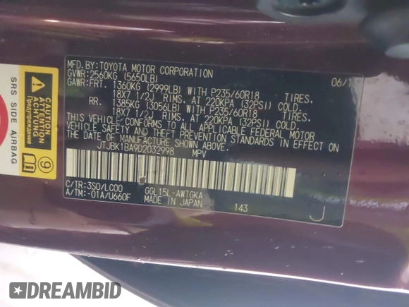 2013 Lexus RX 350 with VIN JTJBK1BA9D2032998, listed as a IAAI auction lot 42137366 with 147,362 mi miles and . Bid and sale history available at DreamBid. Image 9.