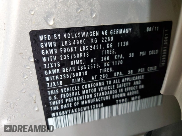 2012 Volkswagen Tiguan S with VIN WVGBV7AX3CW512668, listed as a Copart auction lot 42055975 with 106,148 mi miles and Salvage Title. Bid and sale history available at DreamBid. Image 15.