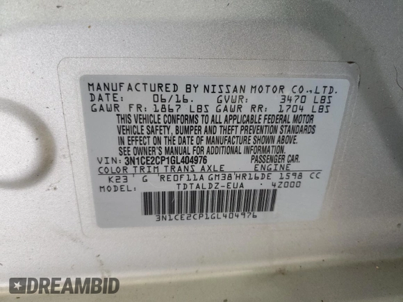 2016 Nissan Note S Plus with VIN 3N1CE2CP1GL404976, listed as a Copart auction lot 44946175 with 139,184 mi miles and Clean Title. Bid and sale history available at DreamBid. Image 12.