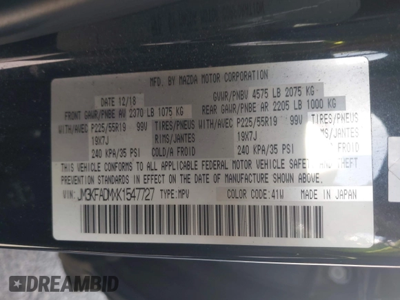 2019 Mazda CX-5 Grand Touring with VIN JM3KFADMXK1547727, listed as a IAAI auction lot 42138071 with Not provided miles and . Bid and sale history available at DreamBid. Image 9.