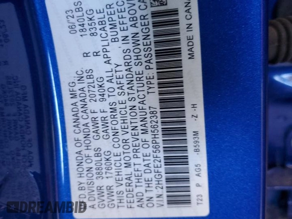 2023 Honda Civic Sport with VIN 2HGFE2F56PH562387, listed as a Copart auction lot 58408355 with 27,060 mi miles and Salvage title. Bid and sale history available at DreamBid. Image 12.