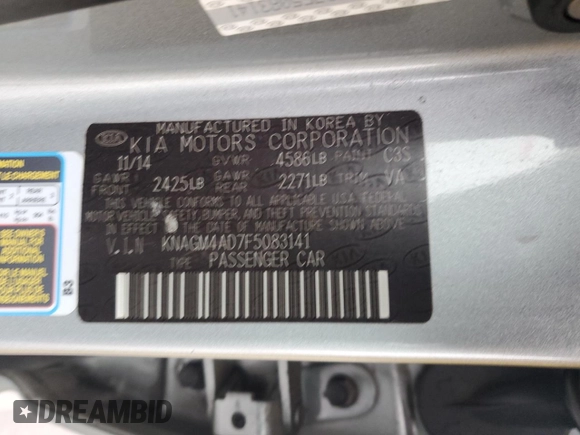 2015 Kia Optima with VIN KNAGM4AD7F5083141, listed as a Copart auction lot 83561634 with 141,097 mi miles and Salvage title. Bid and sale history available at DreamBid. Image 13.