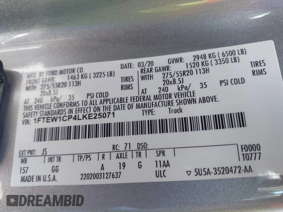 2020 Ford F-150 XL with VIN 1FTEW1CP4LKE25071, listed as a IAAI auction lot 41643863 with 44,321 mi miles and . Bid and sale history available at DreamBid. Image 9.