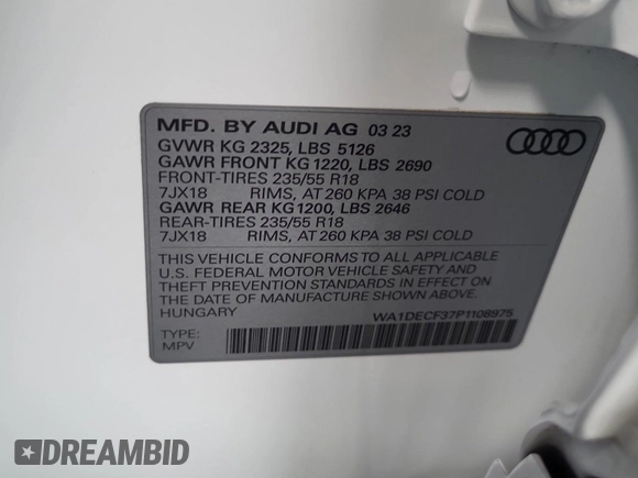 2023 Audi Q3 S line Premium with VIN WA1DECF37P1108975, listed as a IAAI auction lot 42796417 with 58,193 mi miles and . Bid and sale history available at DreamBid. Image 11.