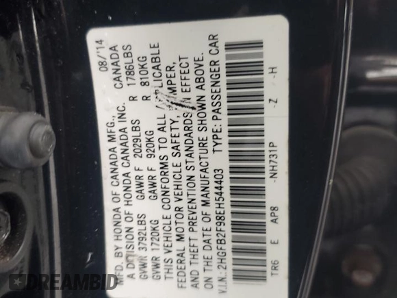 2014 Honda Civic EX-L with VIN 2HGFB2F98EH544403, listed as a Copart auction lot 51933625 with 168,926 mi miles and Salvage Title. Bid and sale history available at DreamBid. Image 14.