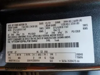 2020 Ford F-150 XL with VIN 1FTEW1EP6LFB15462, listed as a Copart auction lot 54035435 with 42,818 mi miles and Salvage title. Bid and sale history available at DreamBid. Image 12.
