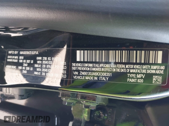 2019 Maserati Levante z VIN ZN661XUA6KX308351, wystawiony jako IAAI lot #41273822 z przebiegiem Nie podano mil oraz . Historia ofert i sprzedaży dostępna na DreamBid. Obrazek 9.