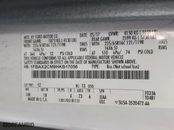 2017 Ford Transit Wagon XL with VIN 1FBAX2CM9HKB17056, listed as a Copart auction lot 47805905 with 0 mi miles and Salvage Title. Bid and sale history available at carsss.com. Image 14.