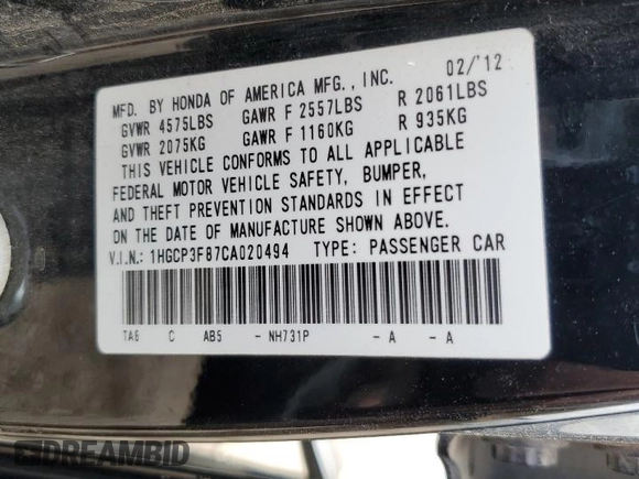 2012 Honda Accord EX-L z VIN 1HGCP3F87CA020494, wystawiony jako Copart lot #55507315 z przebiegiem 183 987 mil mil oraz Czysty tytuł • Clean title. Historia ofert i sprzedaży dostępna na DreamBid. Obrazek 12.