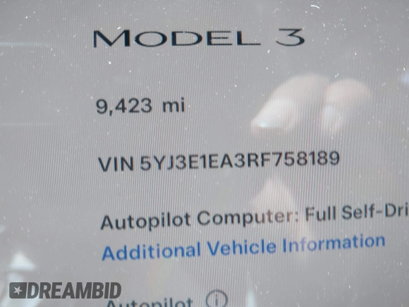 2024 Tesla Model 3 with VIN 5YJ3E1EA3RF758189, listed as a IAAI auction lot 41987653 with 9,423 mi miles. Bid and sale history available at carsss.com. Image 15.