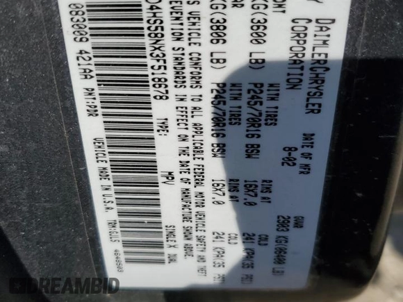 2003 Dodge Durango SLT Plus z VIN 1D4HS58NX3F518678, wystawiony jako Copart lot #56075525 z przebiegiem 140 709 mil mil oraz Szkoda całkowita • Salvage title. Historia ofert i sprzedaży dostępna na DreamBid. Obrazek 13.