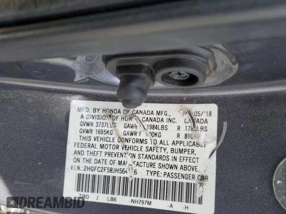 2018 Honda Civic LX with VIN 2HGFC2F58JH564476, listed as a Copart auction lot 49148625 with 83,861 mi miles and Salvage Title. Bid and sale history available at DreamBid. Image 13.