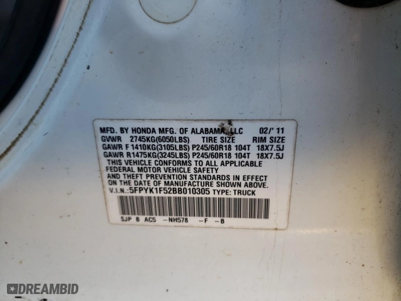2011 Honda Ridgeline RTL with VIN 5FPYK1F52BB010305, listed as a Copart auction lot 49371755 with 287,168 mi miles and Salvage Title. Bid and sale history available at carsss.com. Image 12.
