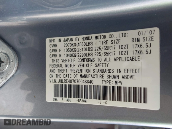 2007 Honda CR-V EX-L with VIN JHLRE48707C048840, listed as a IAAI auction lot 42180511 with 122,967 mi miles and . Bid and sale history available at carsss.com. Image 9.