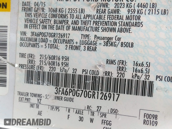 2016 Ford Fusion S with VIN 3FA6P0G70GR126917, listed as a IAAI auction lot 42163529 with 252,148 mi miles and . Bid and sale history available at DreamBid. Image 9.