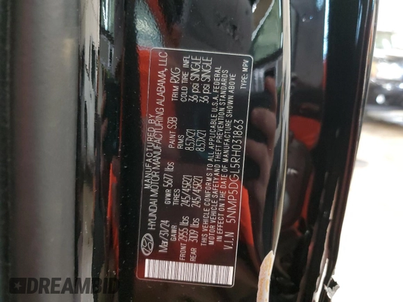 2024 Hyundai Santa Fe Calligraphy with VIN 5NMP5DGL5RH031863, listed as a Copart auction lot 49506265 with 3,817 mi miles and Salvage title. Bid and sale history available at DreamBid. Image 13.
