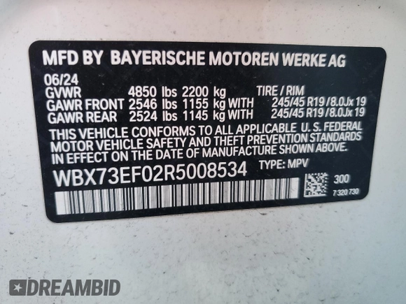2024 BMW X1 xDrive28i with VIN WBX73EF02R5008534, listed as a Copart auction lot 43557675 with 0 mi miles and Salvage Title. Bid and sale history available at carsss.com. Image 14.